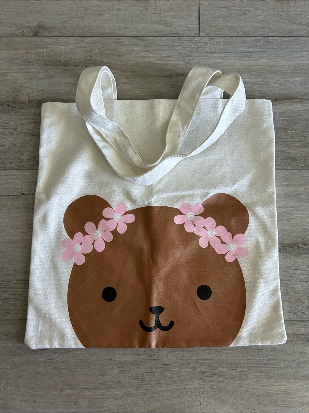 Forever 21 Canvas Tote Bag with Brown Bear and Pink Flowers